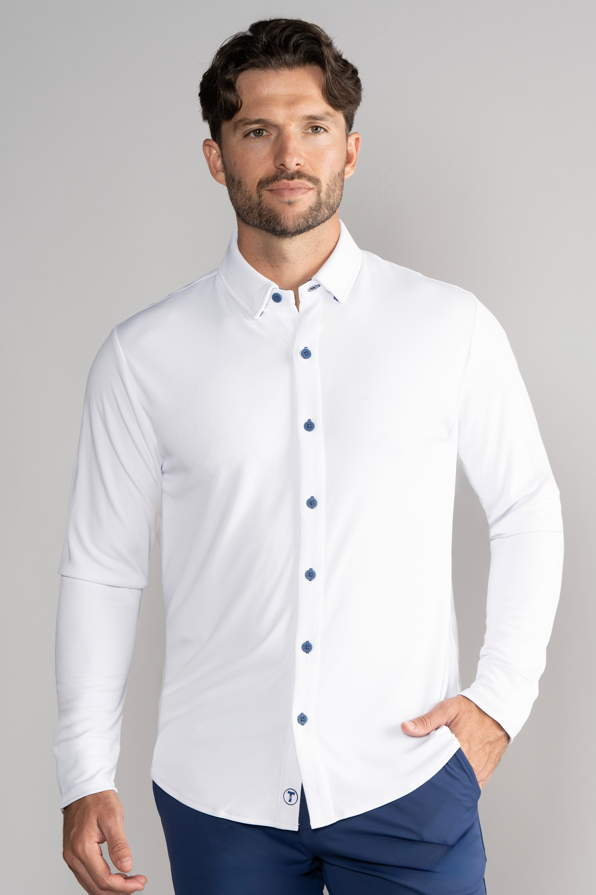 Twillory long sleeve button-down polo shirt with white and blue contrast, front view showing collar and button details.