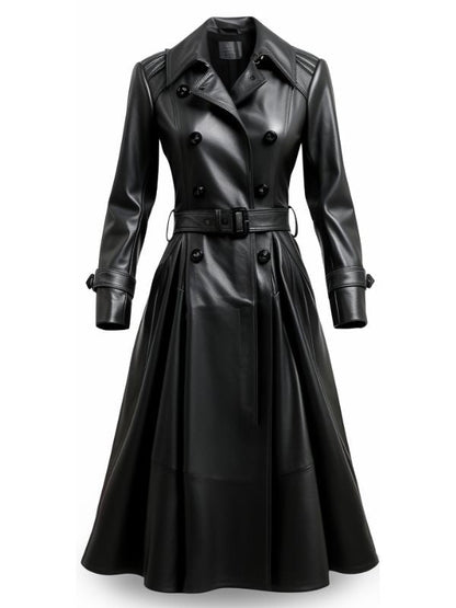 Women’s Designer Black Long Leather Coat