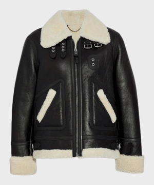 Women's Black B3 Aviator Ivory Shearling Leather Jacket