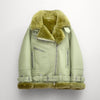 Women Light Green Aviator Styled Sheepskin Shearling Leather Jacket - Green