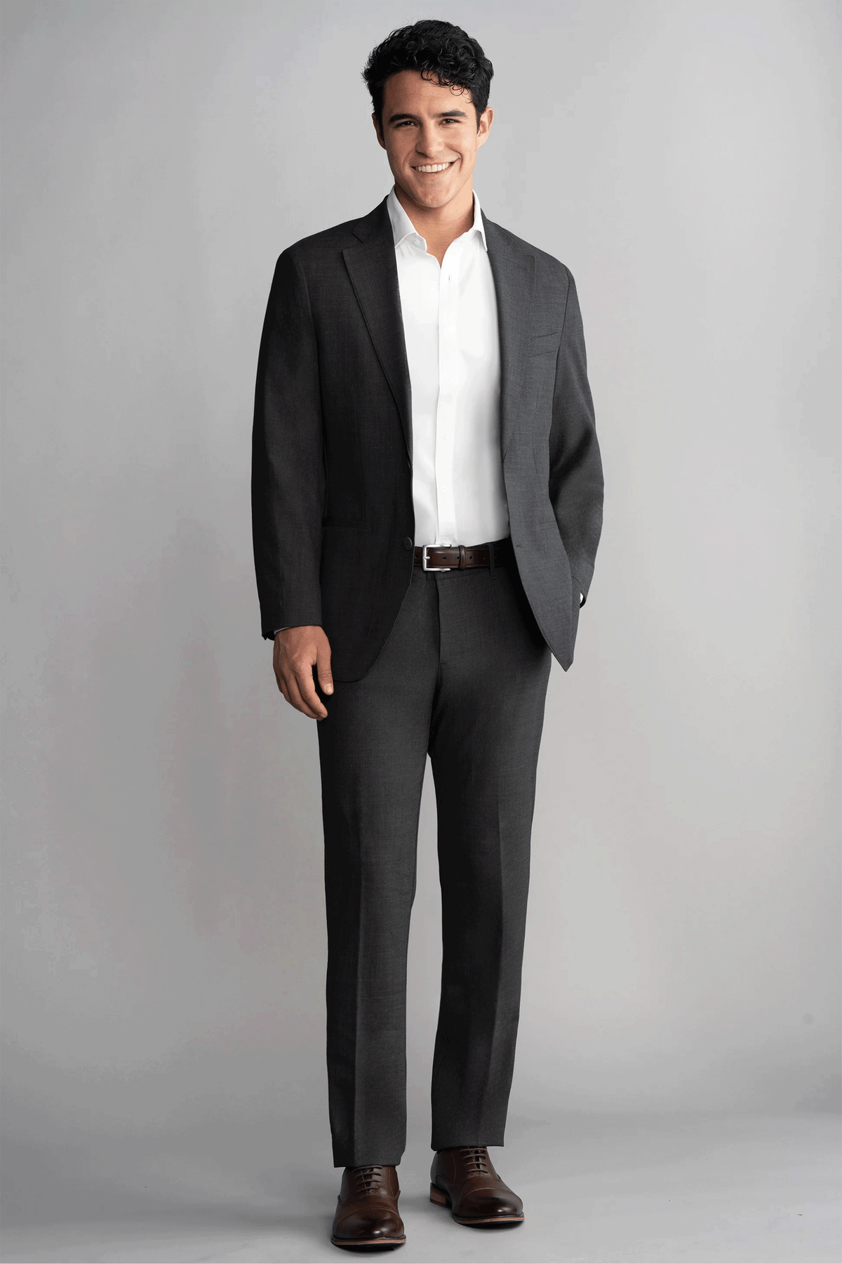Twillory hybrid wool blazer in grey heather, tailored fit with notch lapel and single-button closure, full-body view.