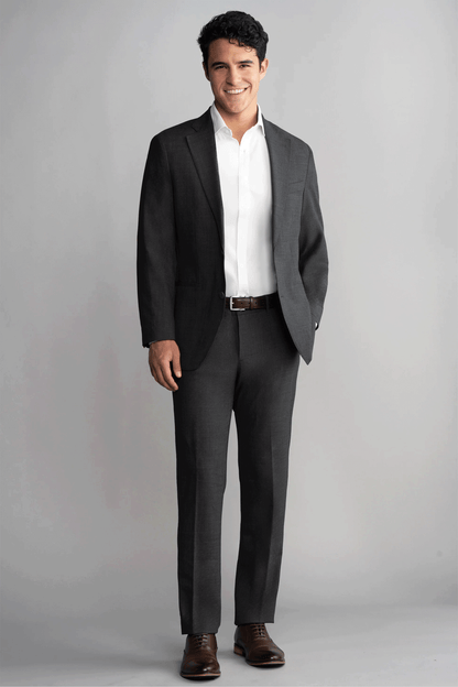 Twillory hybrid wool blazer in grey heather, tailored fit with notch lapel and single-button closure, full-body view.