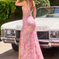 Ladivine Y038 Plunging Neckline Floral Beading Sequins Fitted Dress