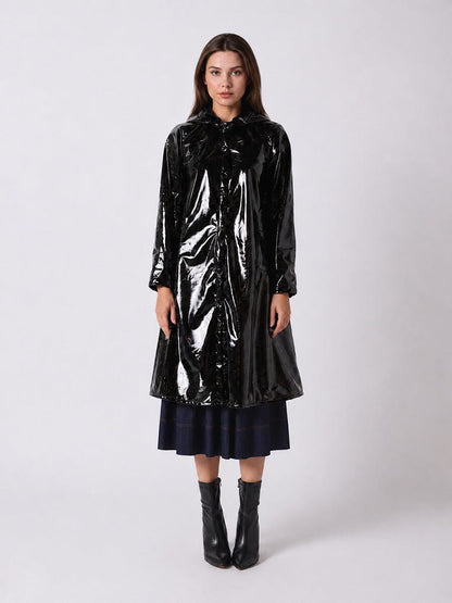Gracia Fashion Women's A-Line Button-Down Vinyl Jacket with Hood