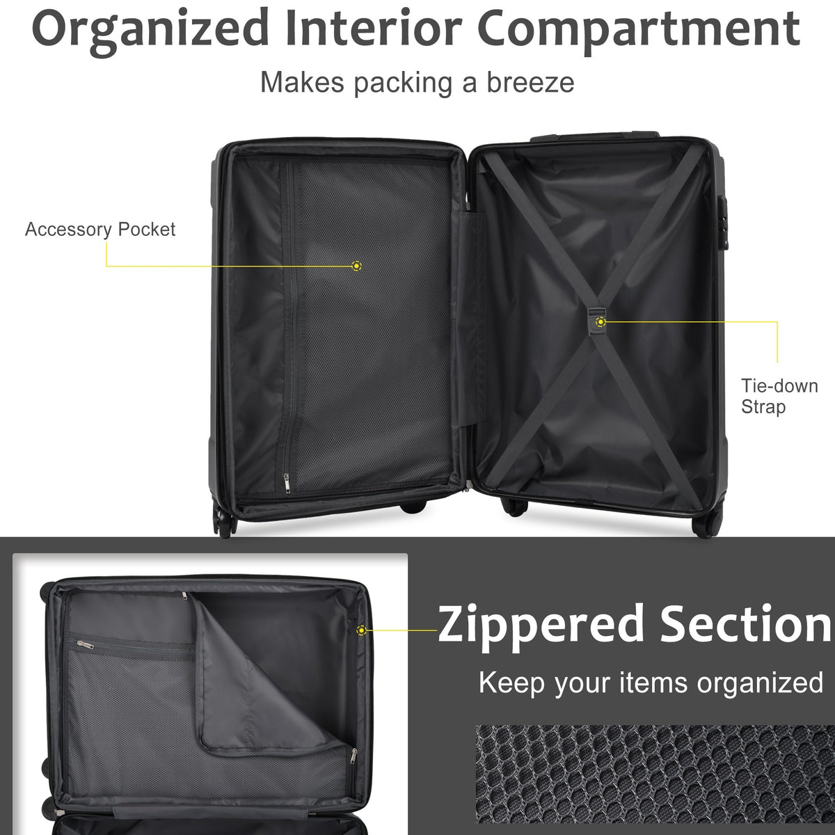 HouseOfZazla 20-inch black hardshell carry-on luggage with TSA lock