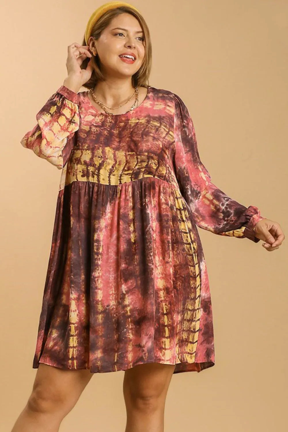 Umgee Full Size Tie Dye Long Sleeve Babydoll Dress with Keyhole Plus Size - Farnelli