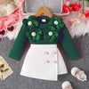 Children's Floral Applique Ribbed Top & Button Decor Skirt Set - Dark Green