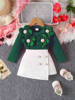 Children's Floral Applique Ribbed Top & Button Decor Skirt Set - Farnelli