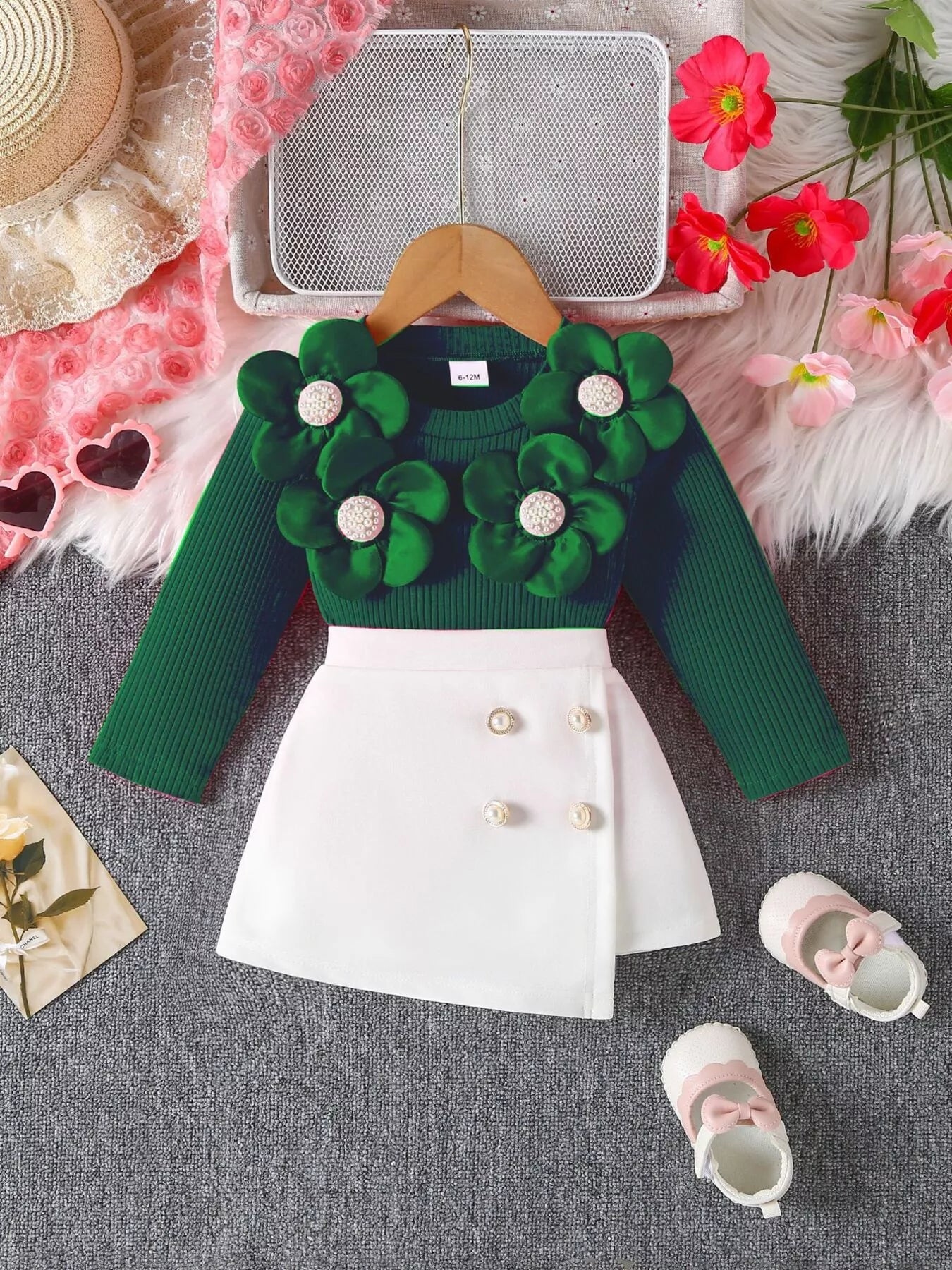 Children's Floral Applique Ribbed Top & Button Decor Skirt Set - Farnelli