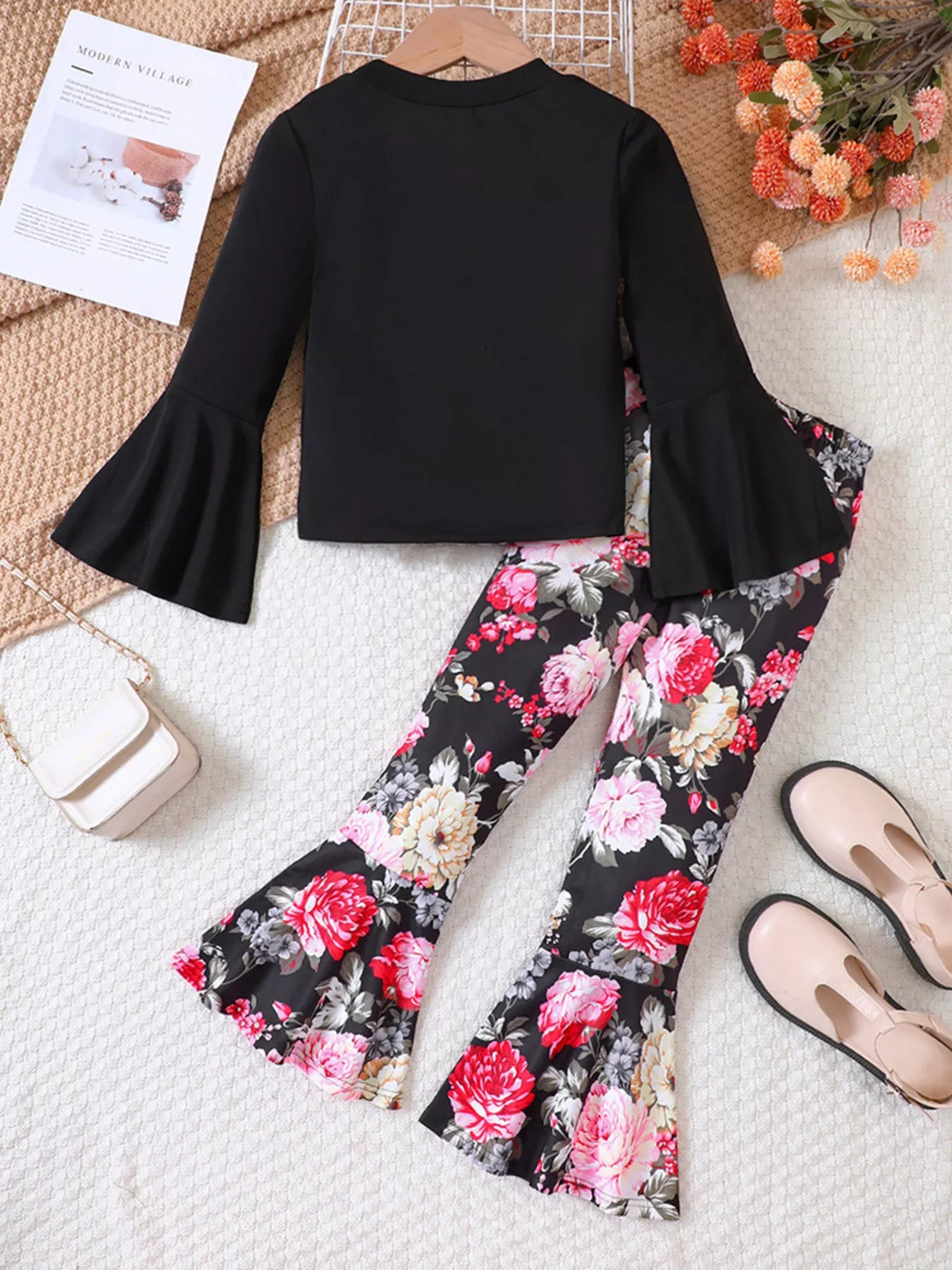 Children's Solid Top & Floral Flare Pants Set - Farnelli