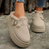 Fuzzy Trim Buckle Platform Slippers - Gray
