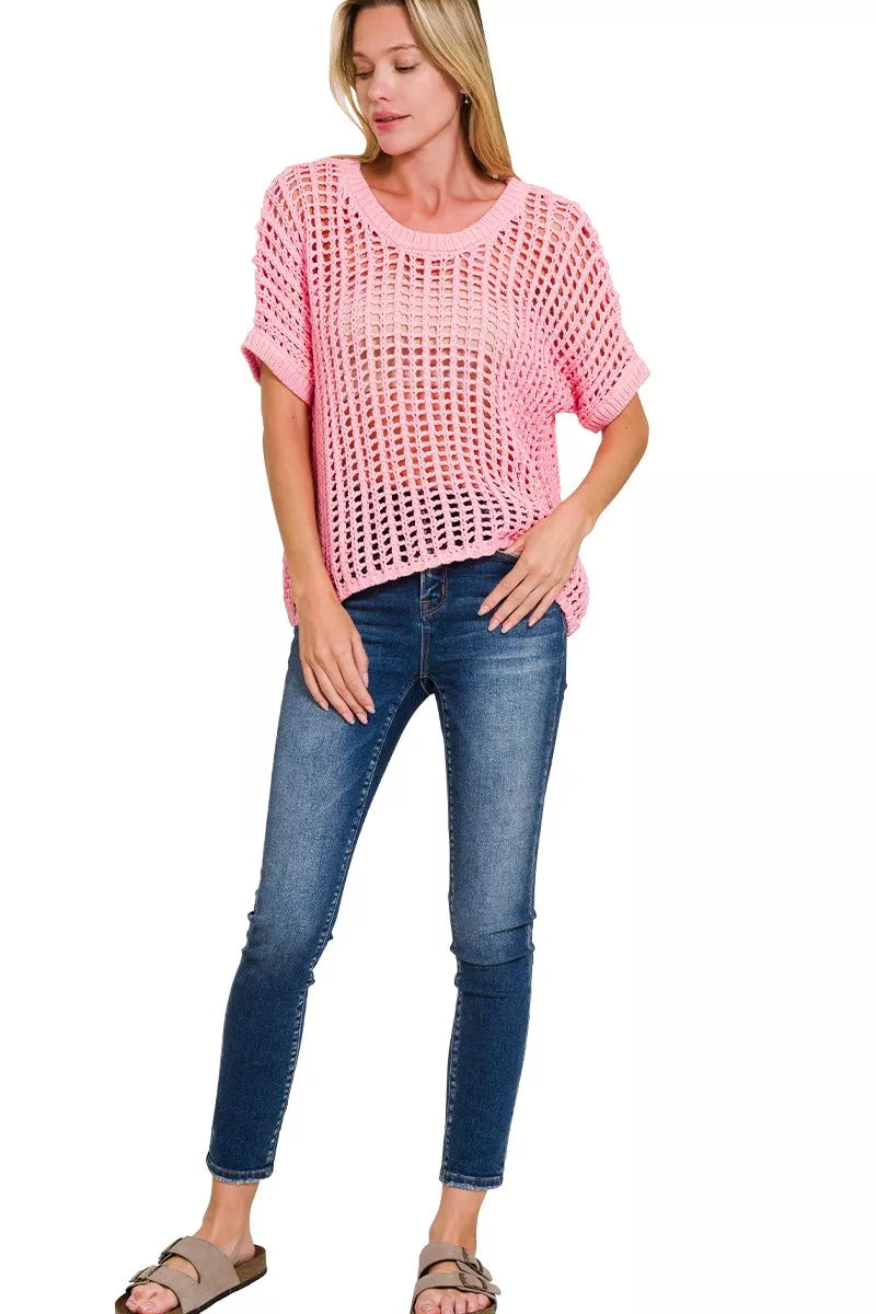 Zenana Fish Net Short Sleeve Crochet Knit Cover Up - Farnelli
