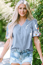 Hadlee Floral Embroidered Puff Sleeve Split Neck Blouse - Farnelli