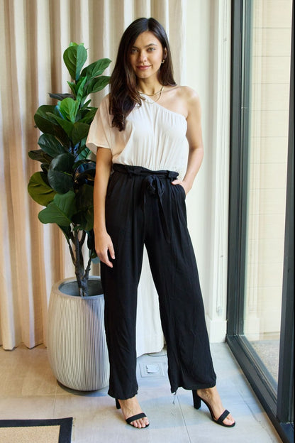 Dress Day Marvelous in Manhattan One-Shoulder Jumpsuit in White/Black - Farnelli