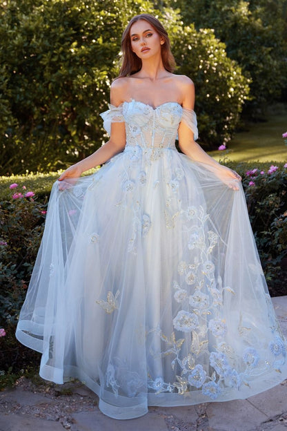 Off The Shoulder Floral Applique Ball Gown - Farnelli