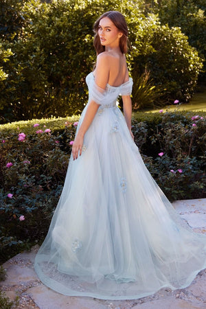 Off The Shoulder Floral Applique Ball Gown - Farnelli