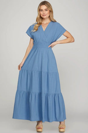 She + Sky Surplice Short Sleeve Tiered Maxi Dress With Pockets - Farnelli