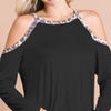 BiBi Jersey Knit Cold Shoulder Top with Leopard Neck - BLACK