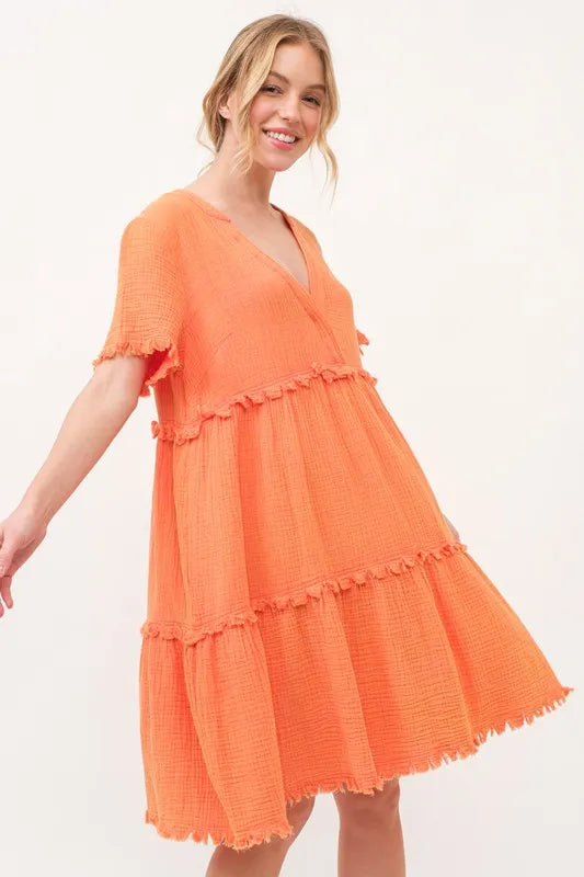 And The Why Washed Frayed Detail Tiered Dress - Farnelli