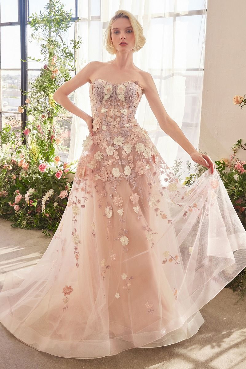 Spring Floral Applique A-Line Gown - Farnelli