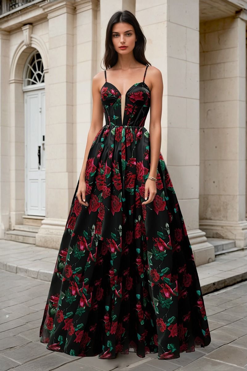 Rose Print Organza Gown - Farnelli
