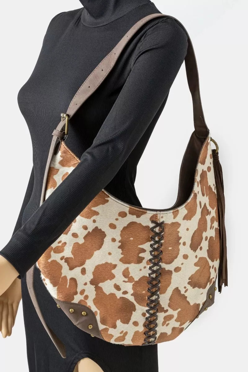 Fame Cow Print Hobo Shoulder Bag with Studded Details - Farnelli