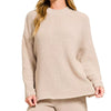 Zenana Round Neck Knit Top and Shorts Sweater Set - SAND BEIGE