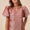 BiBi Jacquard Woven Short Balloon Sleeves V Neck Top - RED