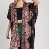 Umgee Satin Border Print Short Sleeve Open Front Kimono - Black