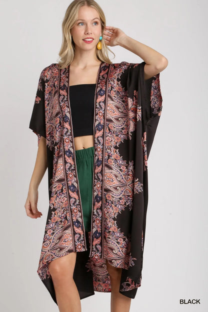 Umgee Satin Border Print Short Sleeve Open Front Kimono - Farnelli