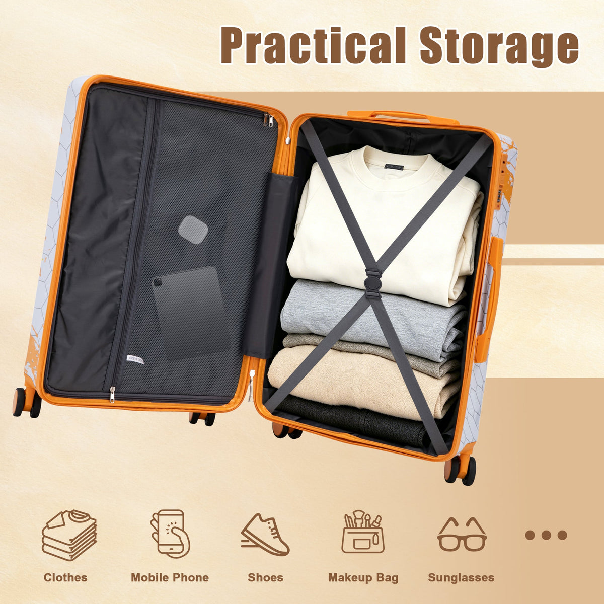 HouseOfZazla 3-piece orange hard case luggage set with spinner wheels