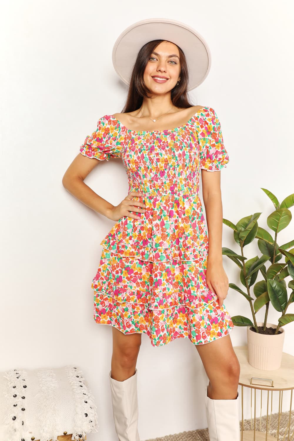 Devine Smocked Sweetheart Neck Flounce Sleeve Mini Dress - Farnelli