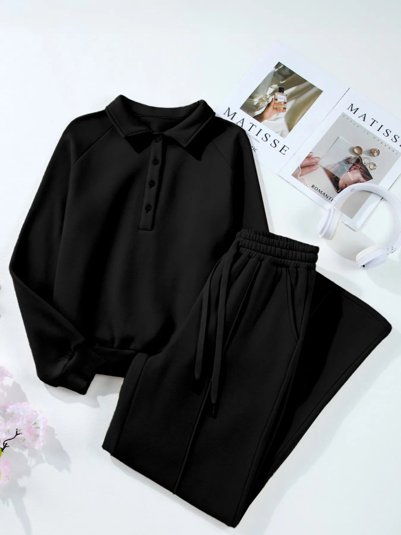 Collared Sweatshirt and High Waist Pants Active Set - Farnelli