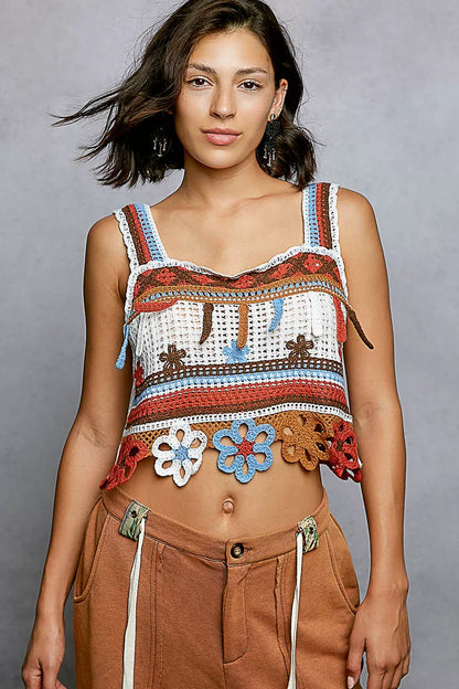 POL Cutout Flower Cropped Crochet Cami with with Dangle Detail - Farnelli