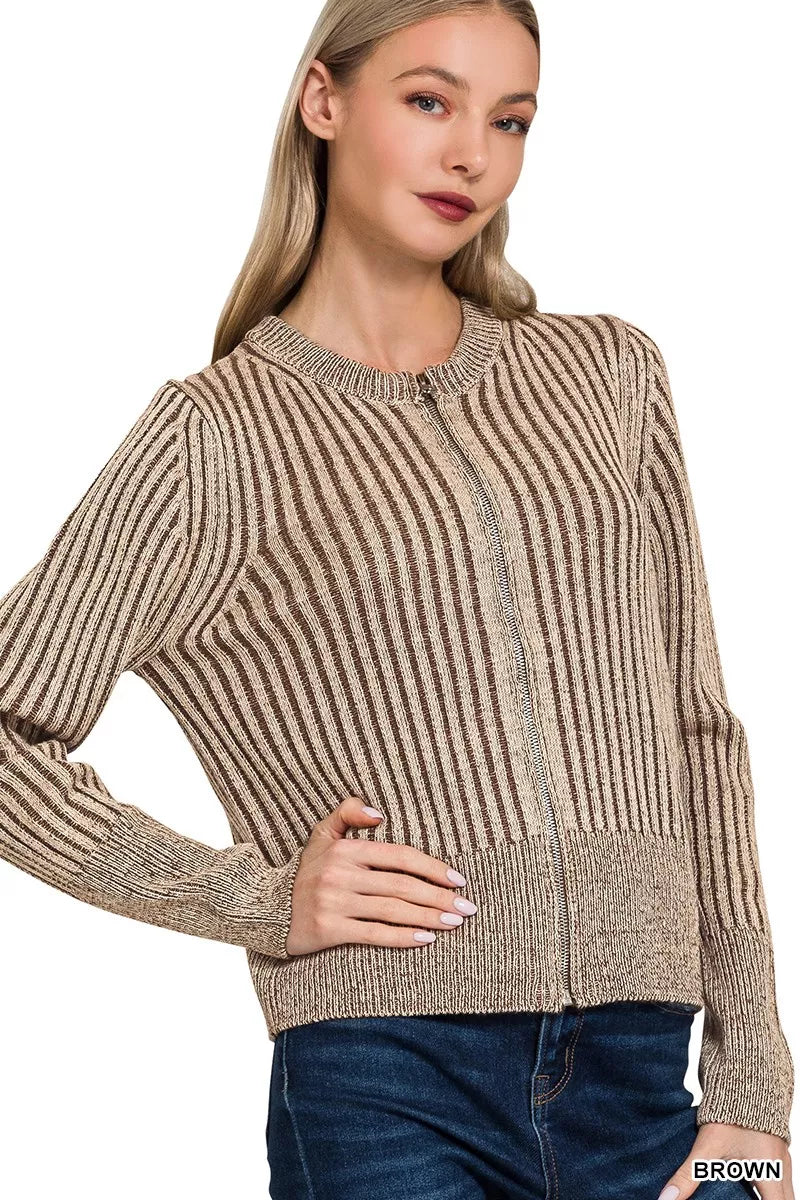 Zenana Ribbed Two Tone Zip Up Sweater Cardigan - Farnelli