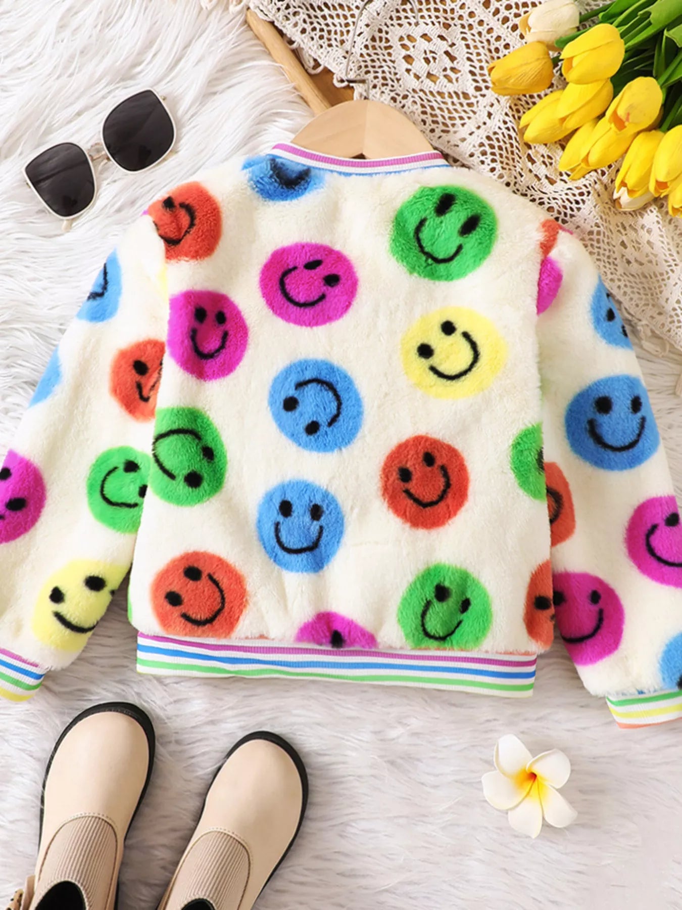 Children's Cheerful Smiley Face Print Plush Jacket - Farnelli