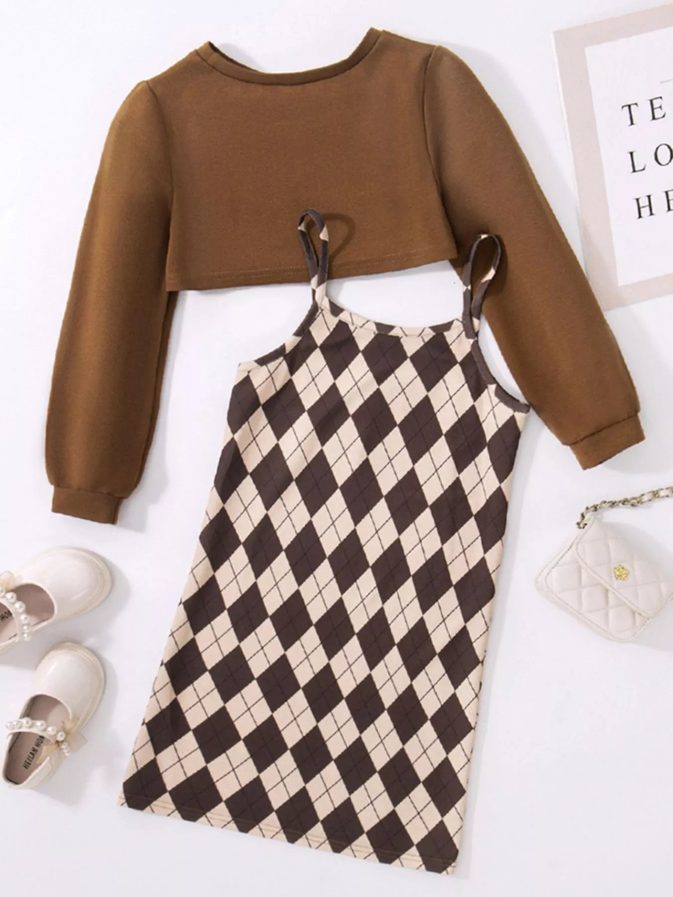 Children's Plaid Print Long Sleeve Dress Set - Farnelli