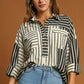 Umgee Full Size Pointelle Stripped Half Button Collared Neck Top Plus Size - Farnelli