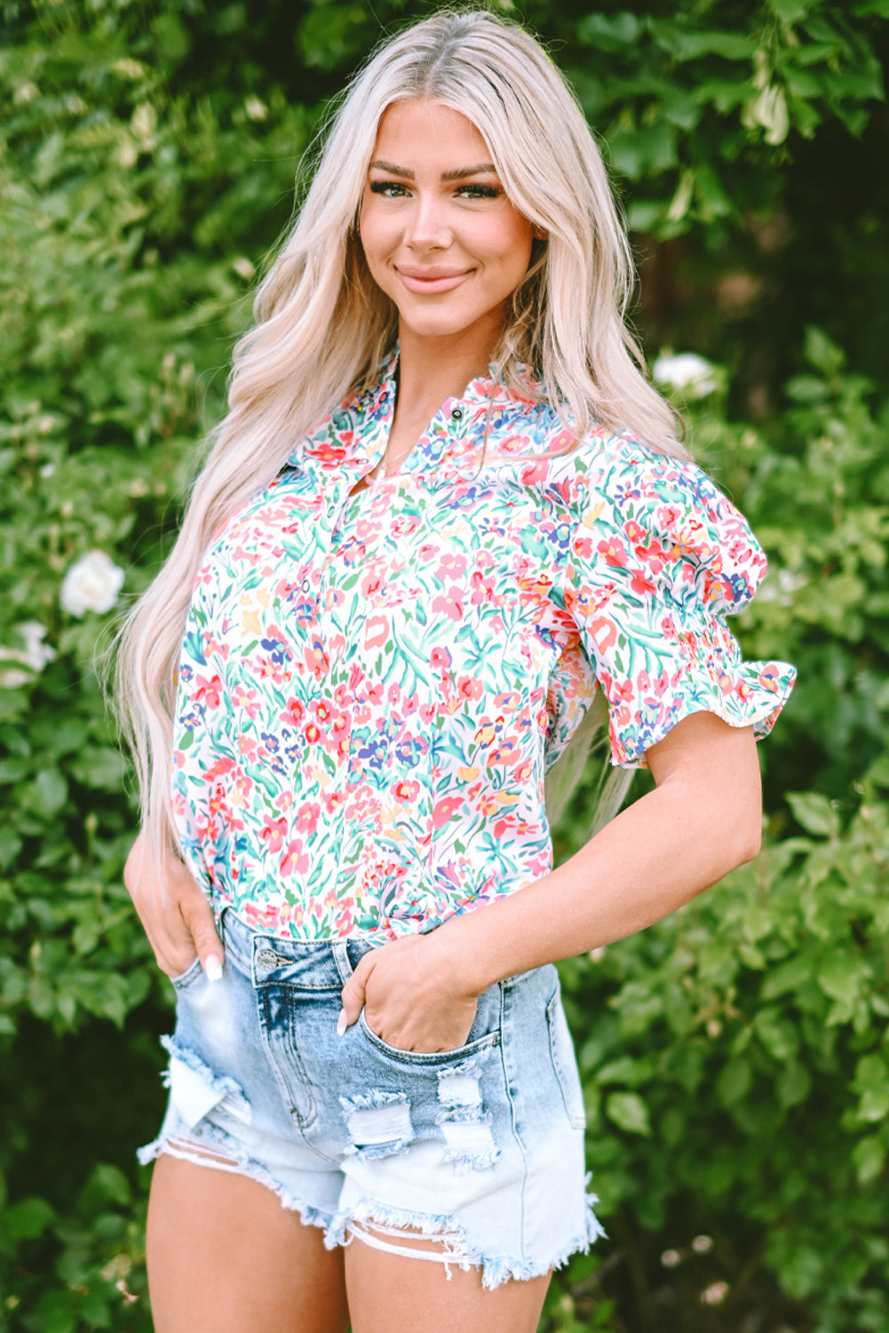 Azaria Floral Print Button Split Neck Puff Sleeve Blouse - Farnelli