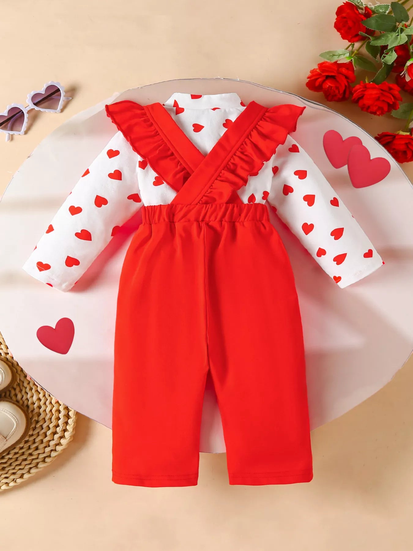 Children's Heart Print Top and Suspender Pants Set - Farnelli