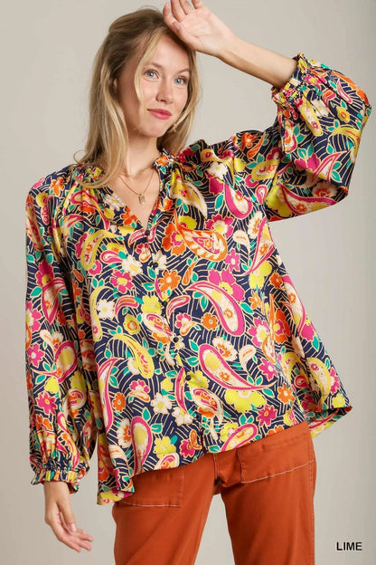 Umgee Full Size Satin Paisley Ruffle Neck Button-Up Shirt Plus Size - Farnelli