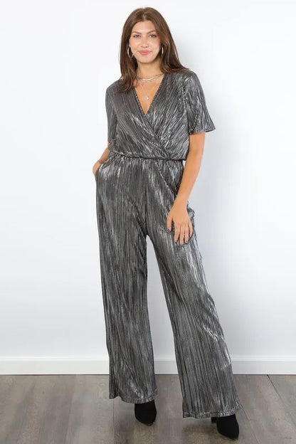 Be Stage Surplice Short Sleeve Pleated Foil Jumpsuit - Farnelli