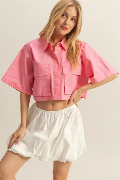 HYFVE Front Pockets Poplin Collared Neck Crop Shirt - Farnelli