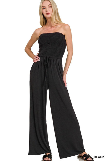 Zenana Strapless Wide Leg Smocked Jumpsuit - Farnelli
