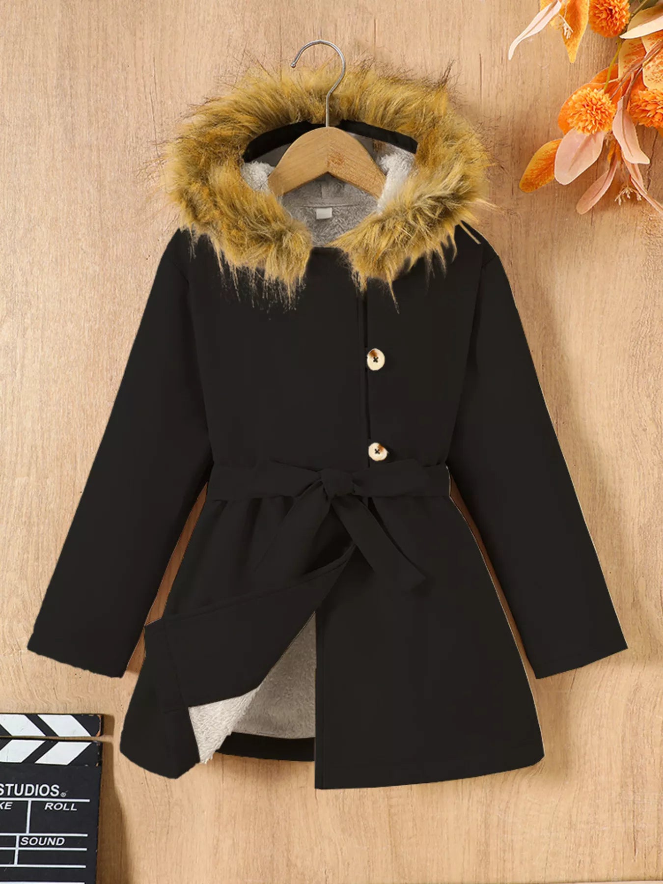 Children's Tie Waist Faux Fur Hooded Outerwear - Farnelli
