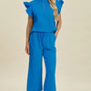 Double Take Full Size Texture Ruffle Short Sleeve Top and Wide Leg Pants Set - Sky Blue