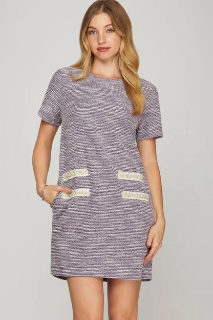 She + Sky Full Size Short Sleeve Pearl Studded Trim Knit Tweed Dress Plus Size - Farnelli