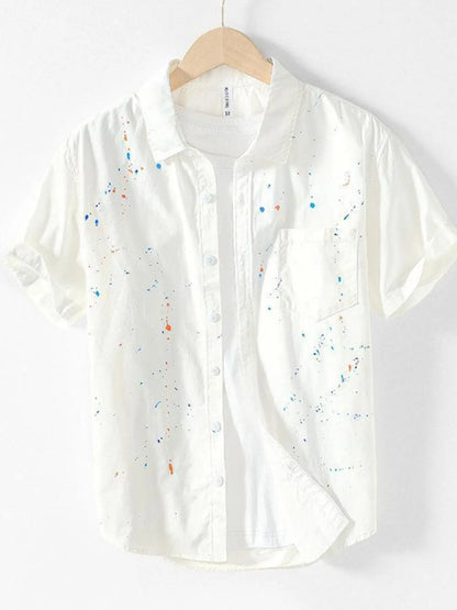 Men's Plus Size Casual Paint Splatter Short Sleeve Button-Up Shirt - Farnelli