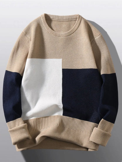 Men's Plus Size Color Block Round Neck Sweater - Farnelli