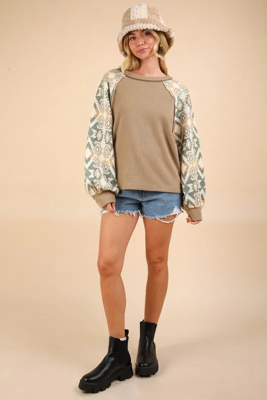 VERY J Printed Long Sleeve Round Neck Knit Top - Farnelli